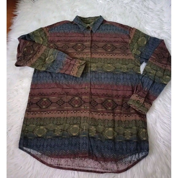Cabelas Womens Medium Chamois Flannel Aztec Print Long Sleeve Button Up Shirt - Picture 1 of 6